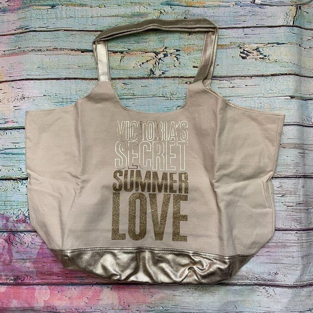 Victoria's Secret Bag Womens Large Beige Gold Summer Tote Beach Travel Sparkle